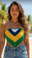 Cropped Top em Crochê Brasil Copa do Mundo Tendencia Modelo Triangulo